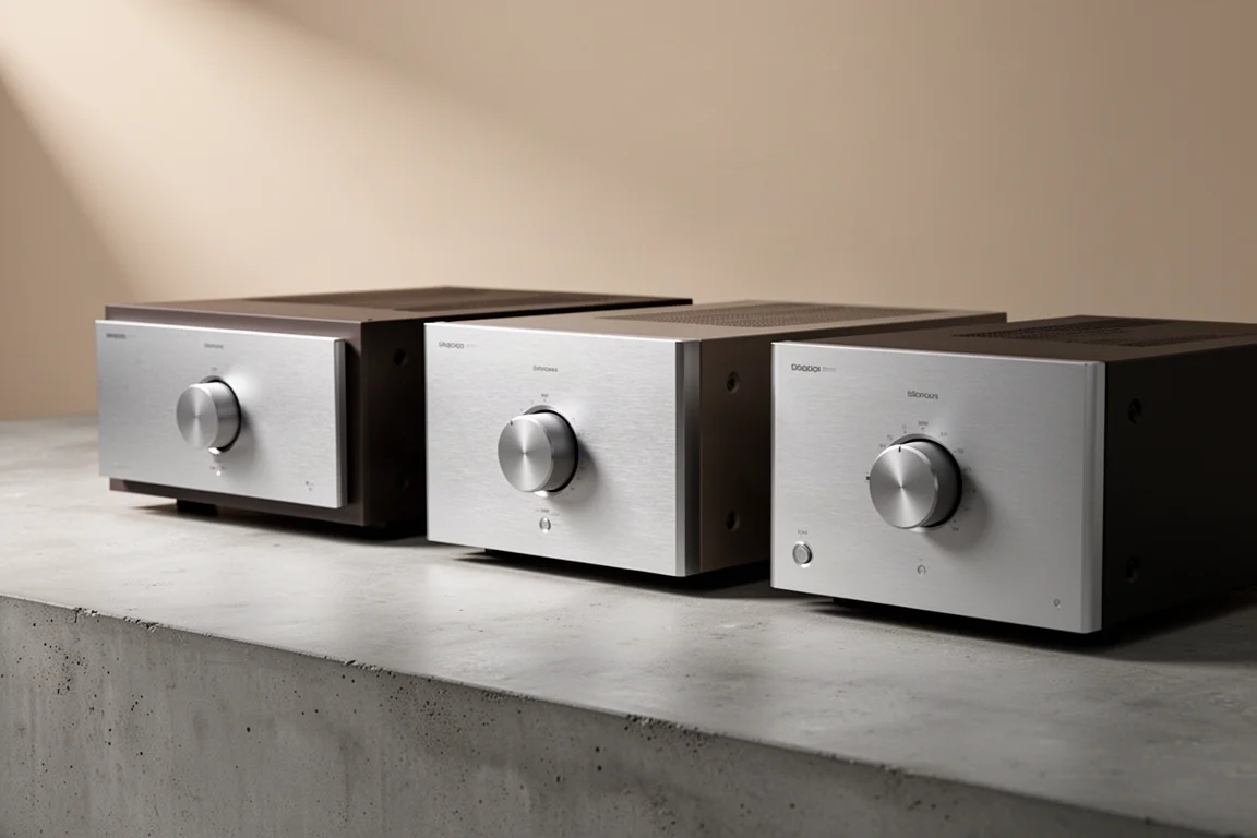 Row of four integrated stereo amplifiers with aluminium fascias on a concrete surface