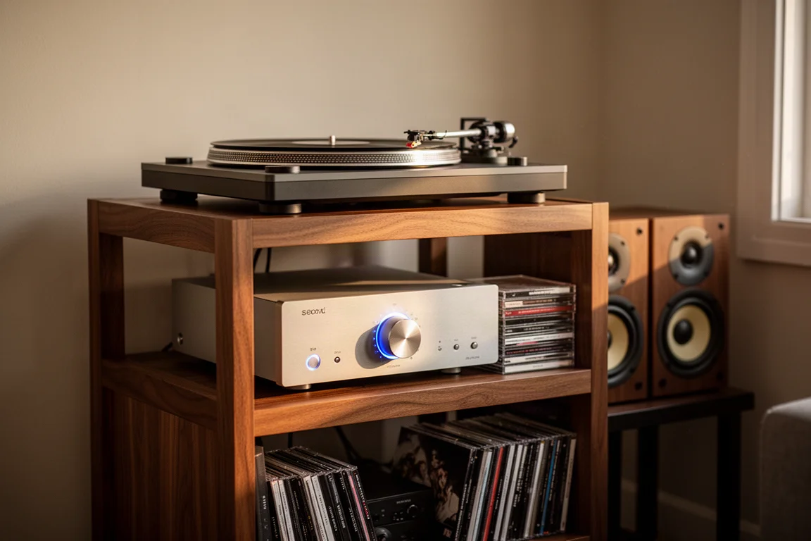 Giradischi, lettore CD e diffusori da scaffale collegati a un compatto amplificatore stereo
