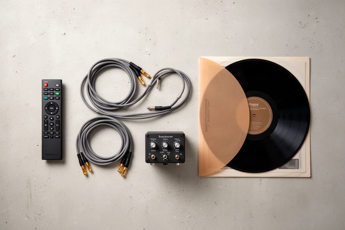 Vista dall'alto di un telecomando, cavi per diffusori, pre phono e un disco in vinile