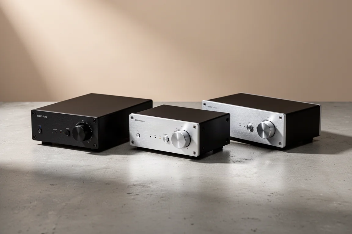 Three compact stereo integrated amplifiers in a row on a matte concrete surface