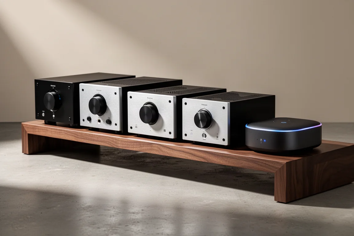 Six stereo integrated amplifiers arranged in a row on a walnut hi-fi rack