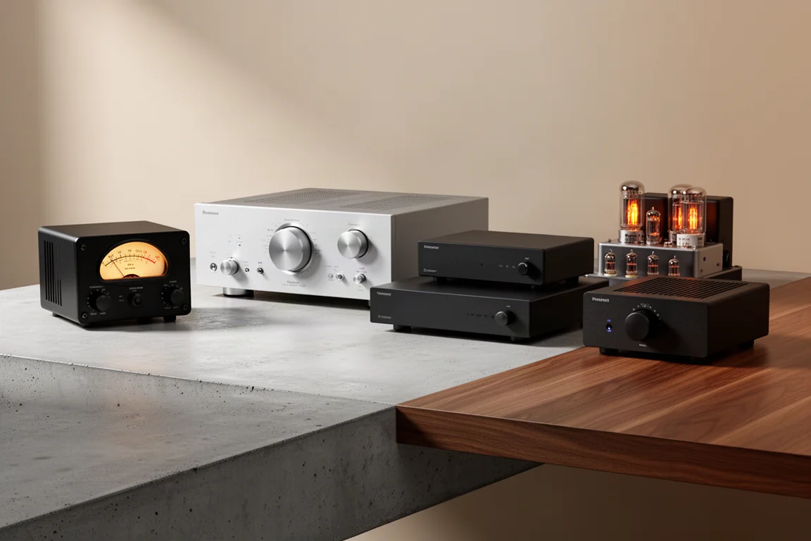 Five stereo amplifiers arranged on concrete and wood surfaces in a neutral studio setting
