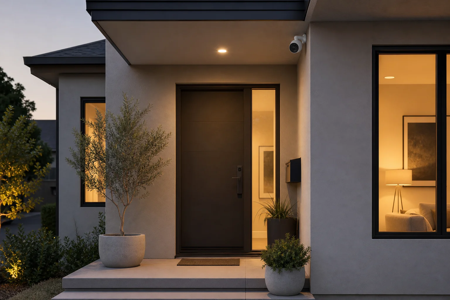 Entrée d'une maison avec une caméra de sécurité montée au-dessus de la porte au crépuscule