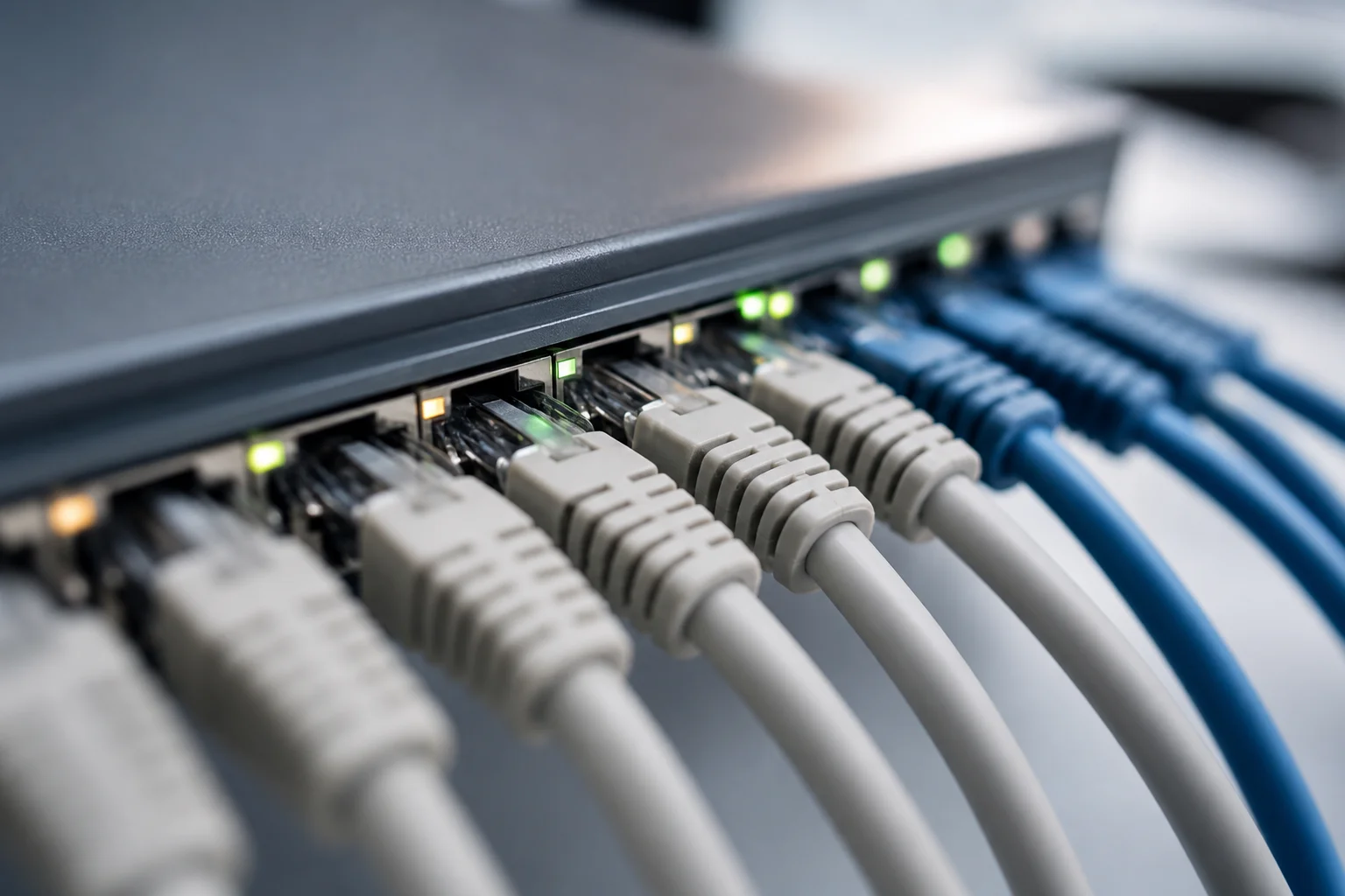Gros plan sur les connexions de câbles réseau dans une configuration de routeur domestique