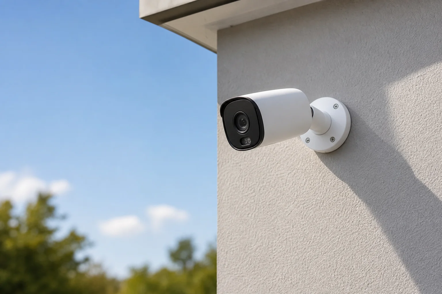 Caméra de sécurité extérieure montée sur le mur extérieur d'une maison en journée