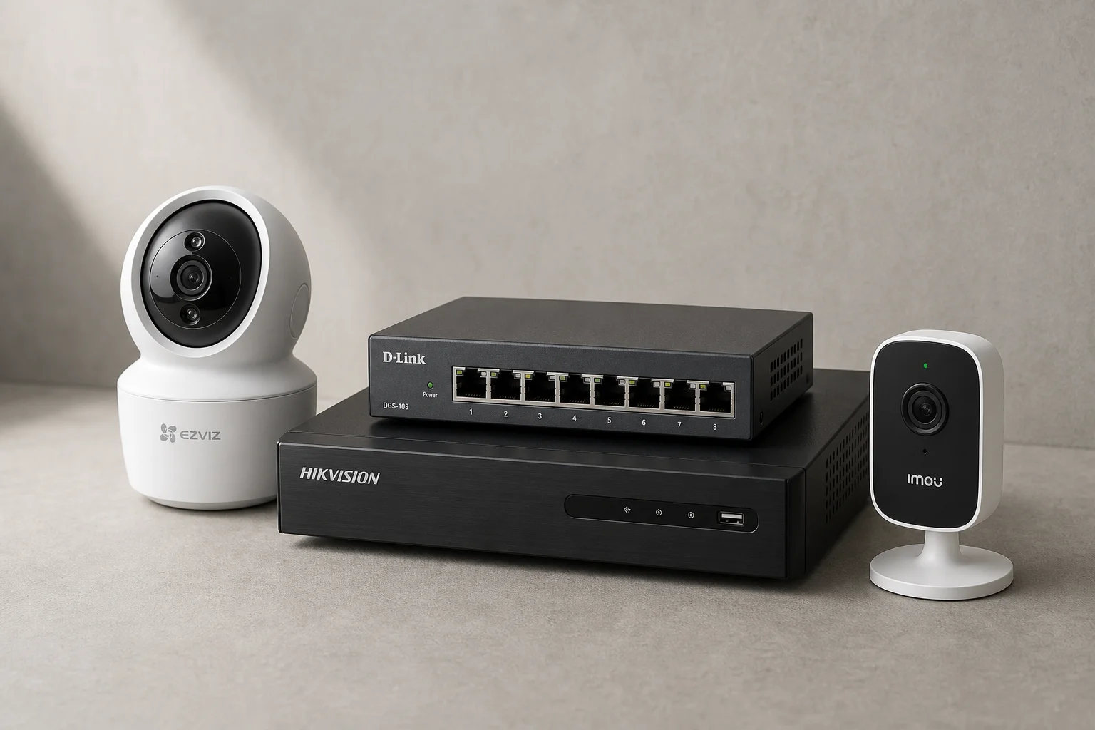 Four security products arranged on concrete: Ezviz dual-lens camera, D-Link switch, Hikvision NVR, and Imou camera