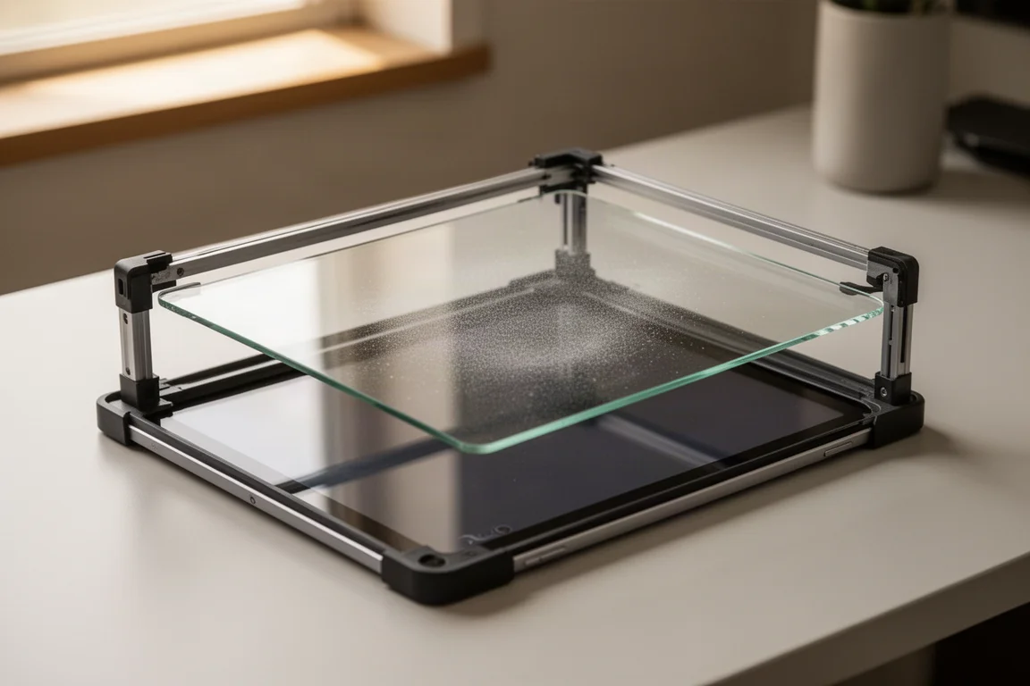 Verktyg för montering av skärmskydd uppställt över en iPad-skärm