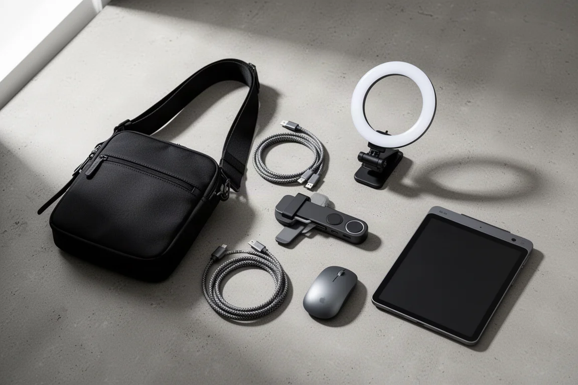 Tablet, tastiera, hub, caricabatterie e organizer disposti su una scrivania in cemento