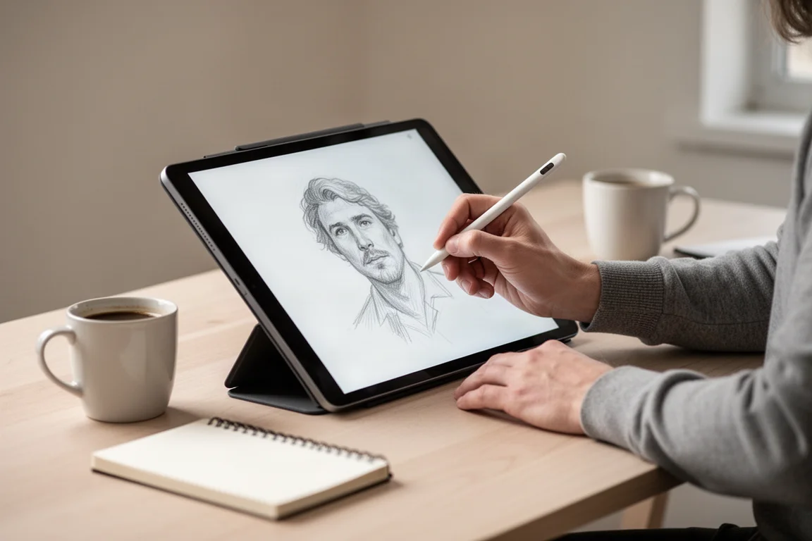Persona dibujando en una tableta con un lápiz digital en un escritorio ordenado