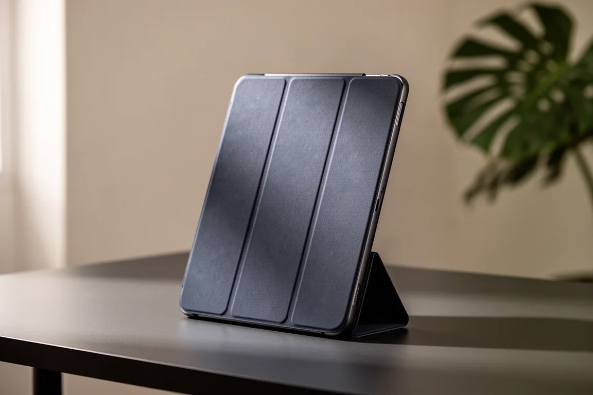 Tableta en una funda fina tipo folio en orientación vertical sobre un escritorio