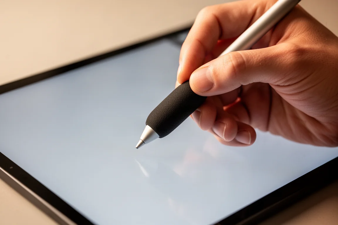 Primer plano de una mano escribiendo en una tableta con un agarre de goma en el lápiz digital