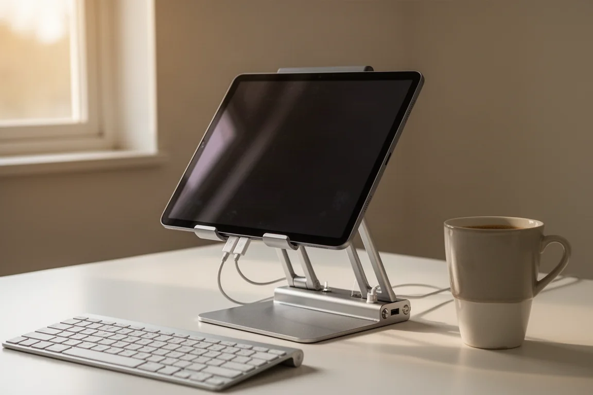Tableta acoplada a una base de hub metálica en un escritorio de trabajo concurrido