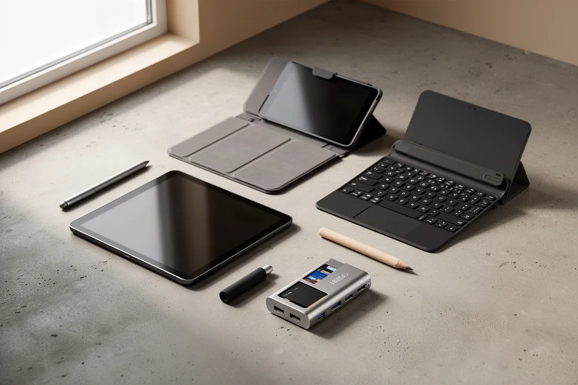 Flat-lay of iPad accessories including a stylus, keyboard case, and hub on a concrete surface