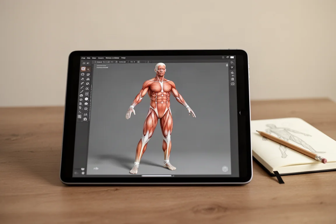 Cyfrowy model ludzkiej figury w dynamicznej pozie na ekranie tabletu jako pomoc anatomiczna