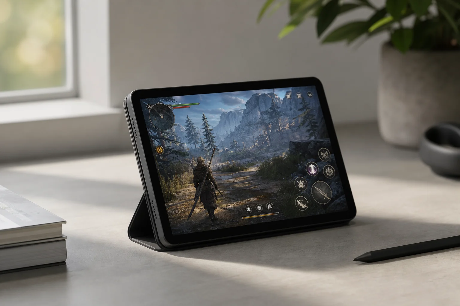 Tablet im Querformat während einer mobilen Gaming-Session mit Controller