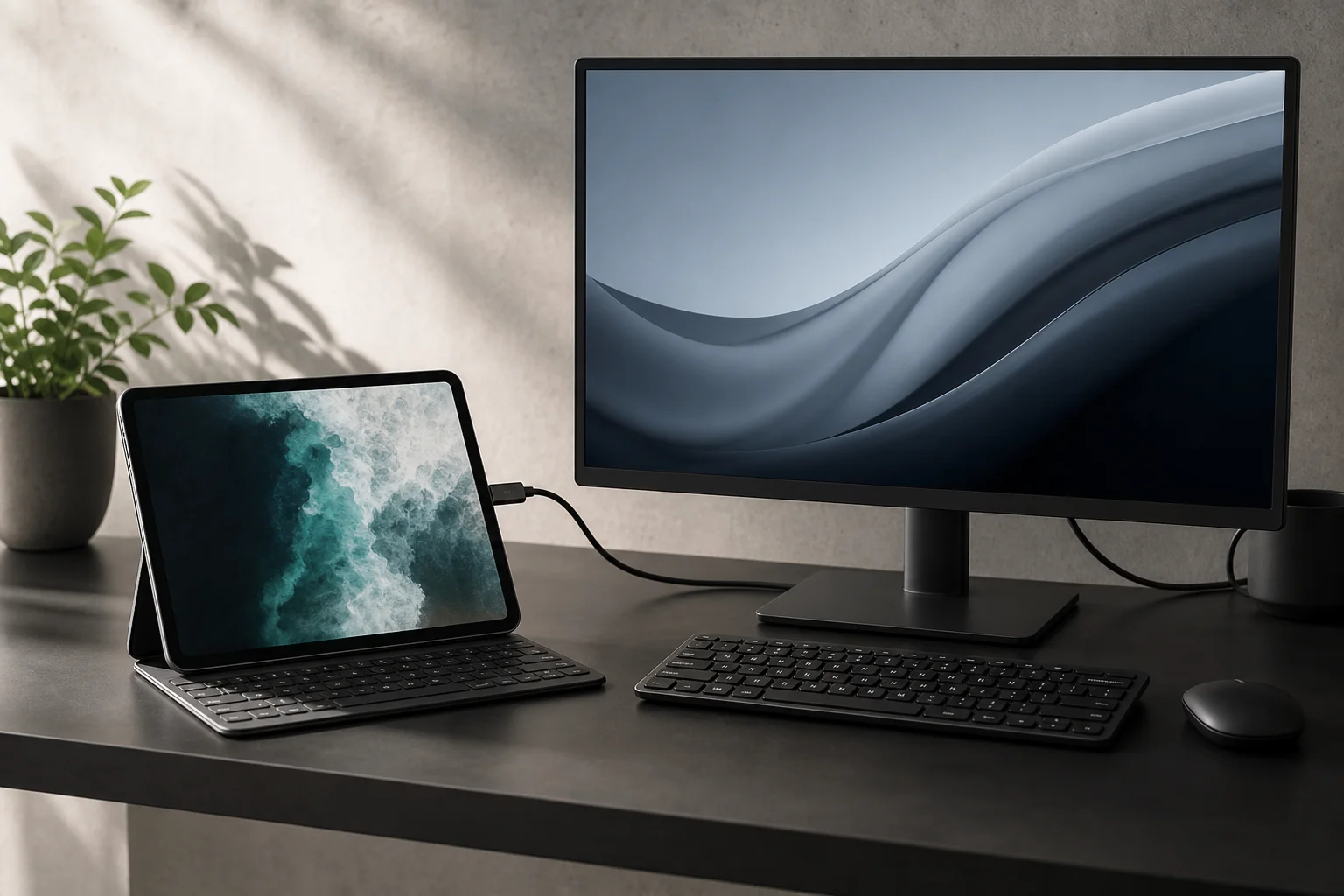 Tablet verbunden mit externem Monitor und Tastatur in einem Desktop-Setup