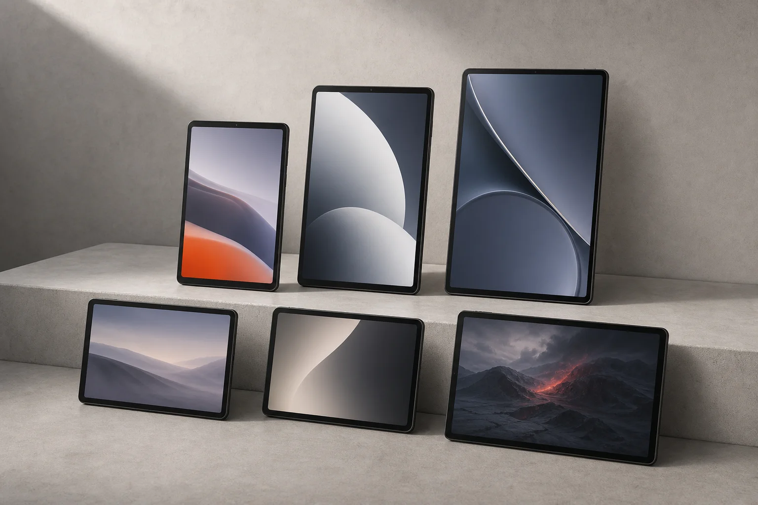 Six compact tablets arranged on concrete surface showing different models and sizes