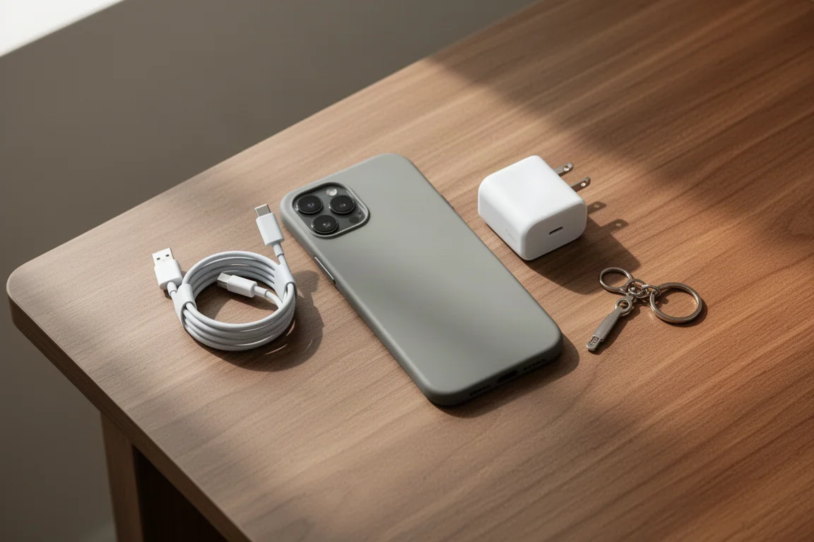 Tillbehör till smartphone upplagda på ett skrivbord bredvid en iPhone