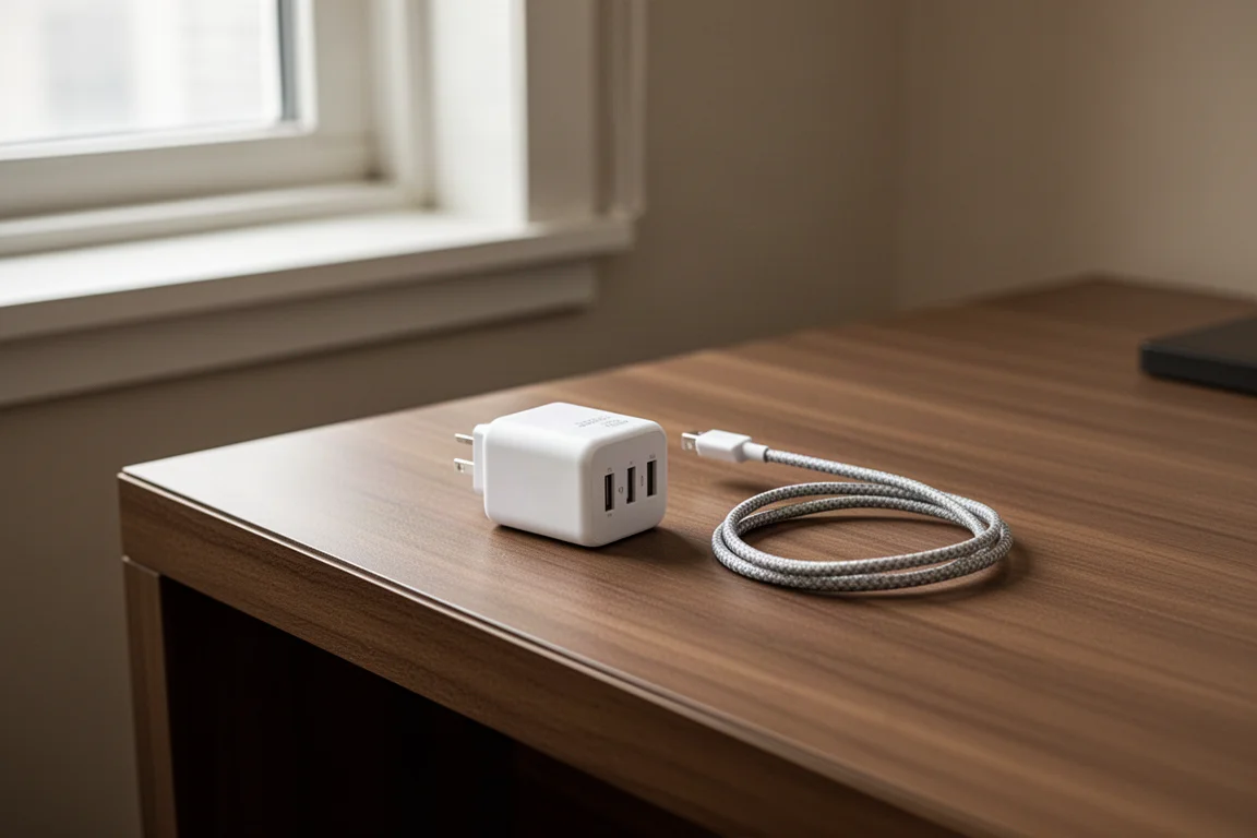 Laddningsuppsättning för resan med kabel och laddare på ett träbord