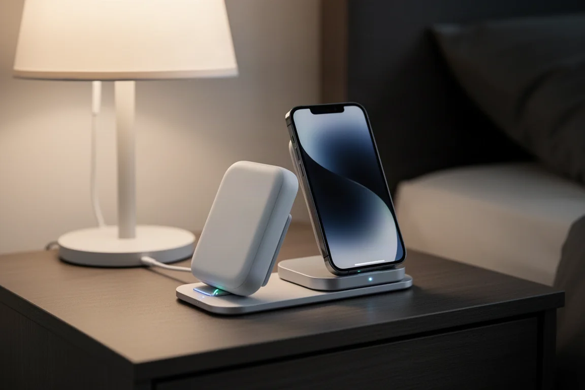 纖薄 MagSafe 電池在無線充電支架上充電