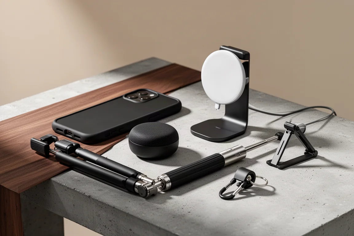 Raccolta di accessori per iPhone tra cui una cover, uno speaker, un caricatore, un treppiede e uno stand su una superficie in cemento