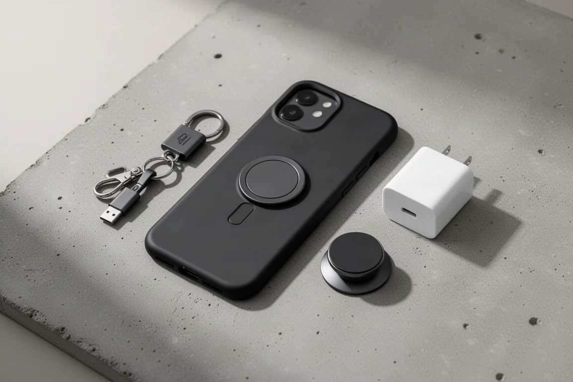 Composizione di accessori per smartphone tra cui cavo, cover, grip e caricatore su cemento