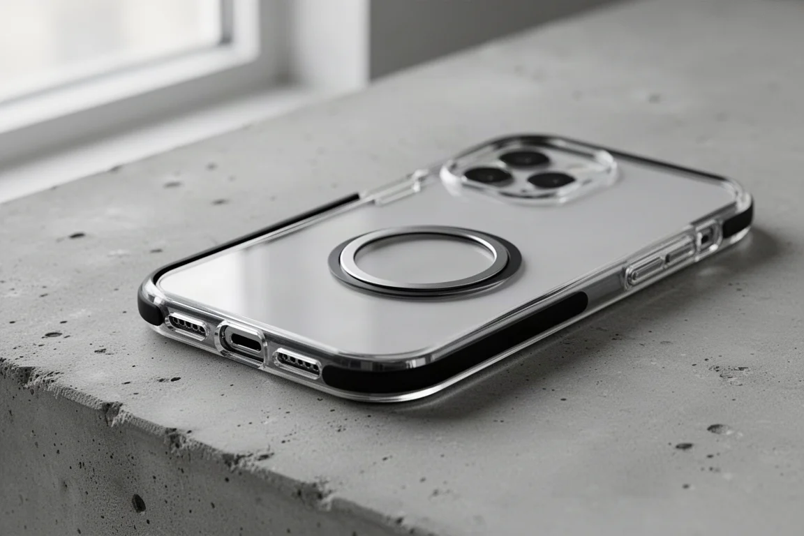 Close-up of a clear phone case with a black rubber grip strip around the edge