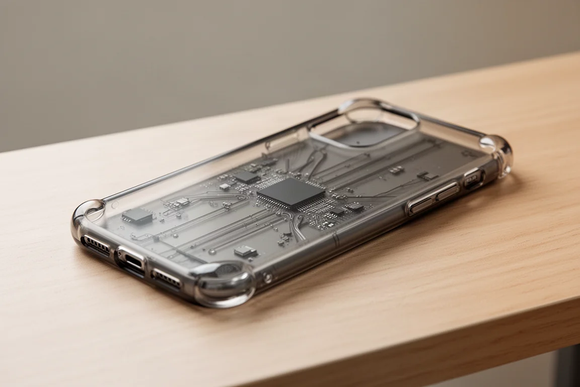 Translucent retro-styled phone case showing internal 3D details