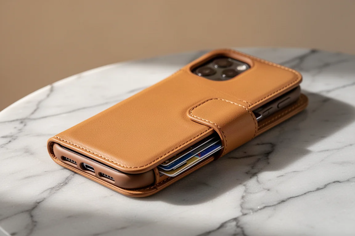 Leather wallet phone case with a magnetically closed card door open slightly