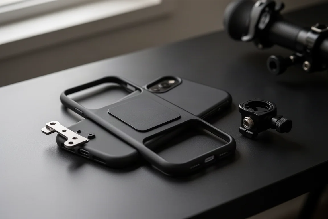 Matte black phone case with a rear mounting plate resting on a bike handlebar mount