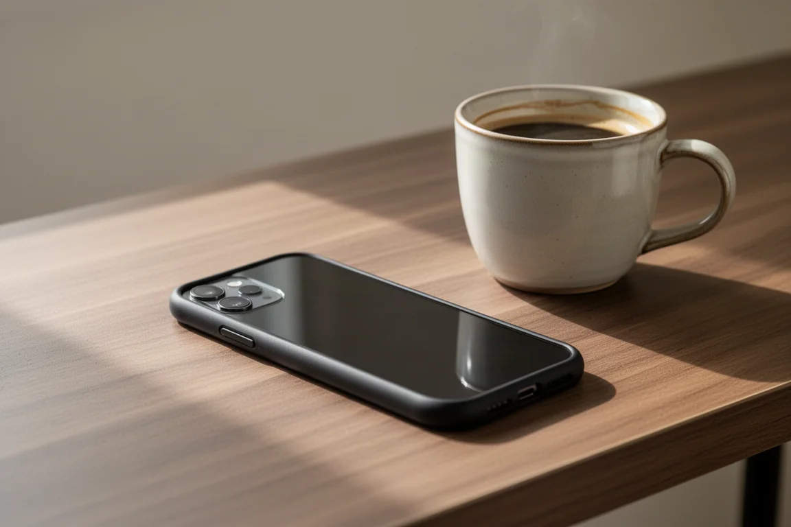 iPhone in a slim case resting on a wooden desk with a coffee cup