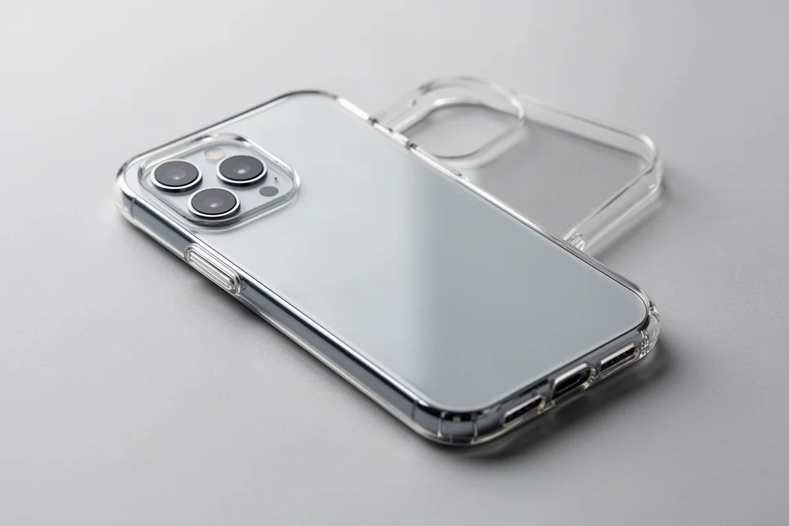 Clear case on an iPhone showing the phone's own design through the back