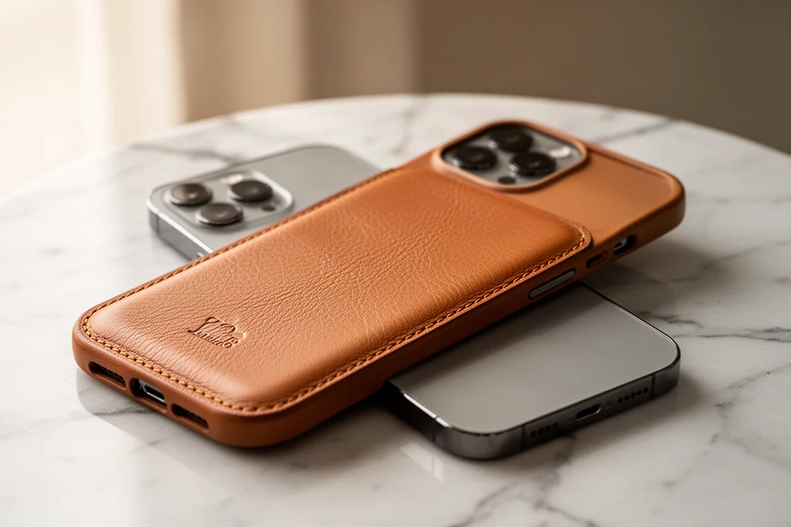 Leather back plate being attached to the back of an iPhone