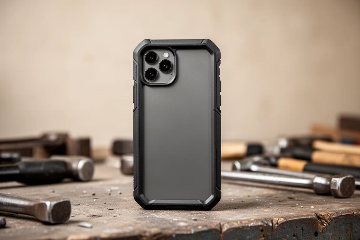 Rugged phone case with thick rubber corners on a workshop bench