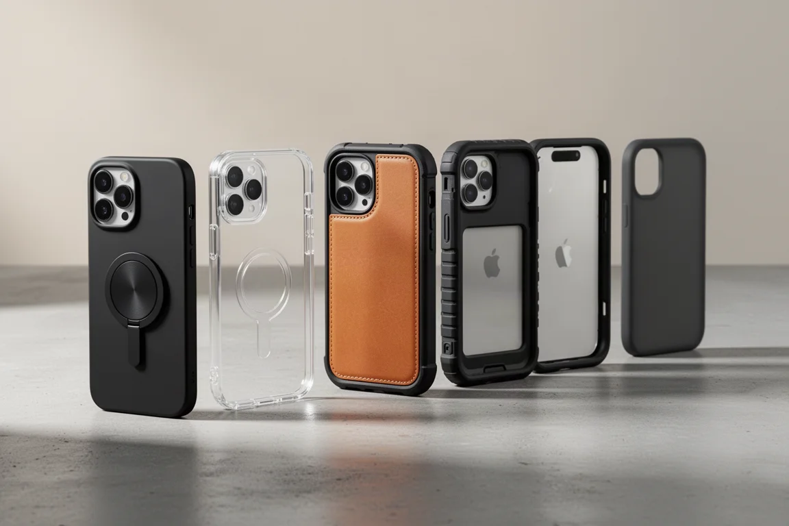 Sześć etui do iPhone'a 16 w różnych stylach ułożonych w rzędzie na betonowej powierzchni