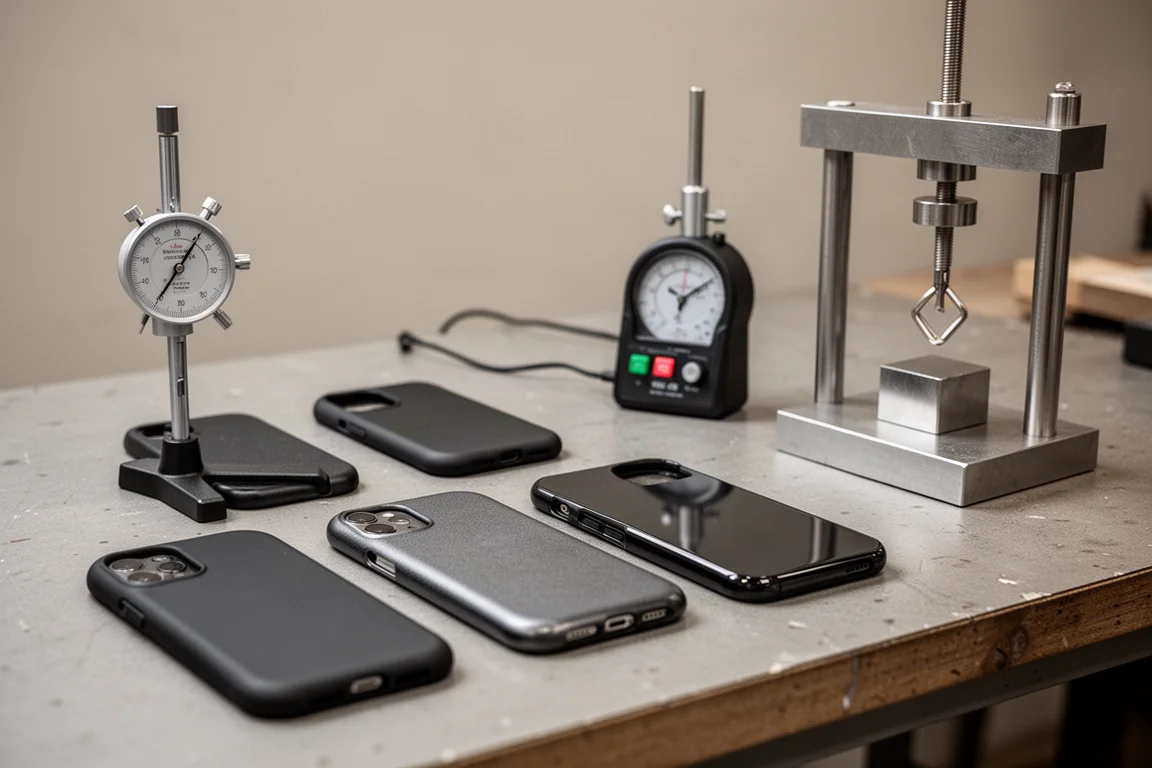Fundas de smartphone ordenadas sobre un banco de taller con herramientas de prueba cerca