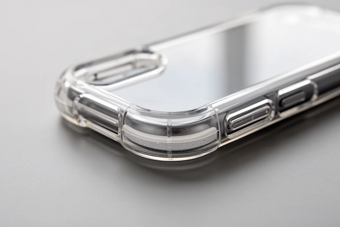Primer plano de la esquina de una funda transparente mostrando acolchado de impacto en capas