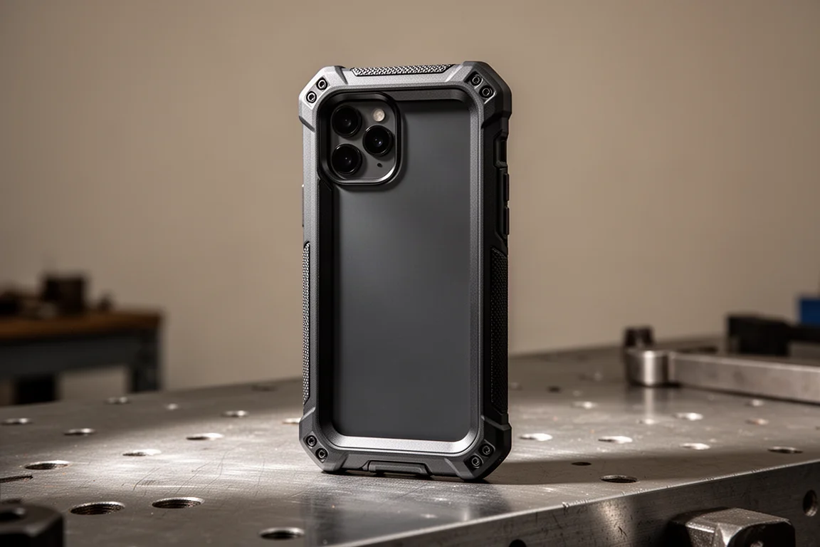 Funda de teléfono reforzada de servicio pesado sobre una superficie de taller