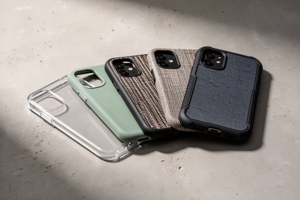Sixteen smartphone cases in various materials arranged on a concrete surface