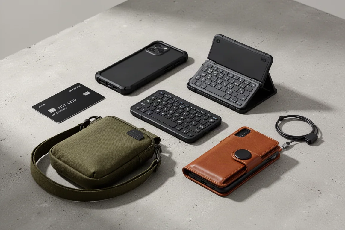 Six iPhone accessories including a tracker card, rugged case, keyboard, sling bag, wallet, and cable on concrete