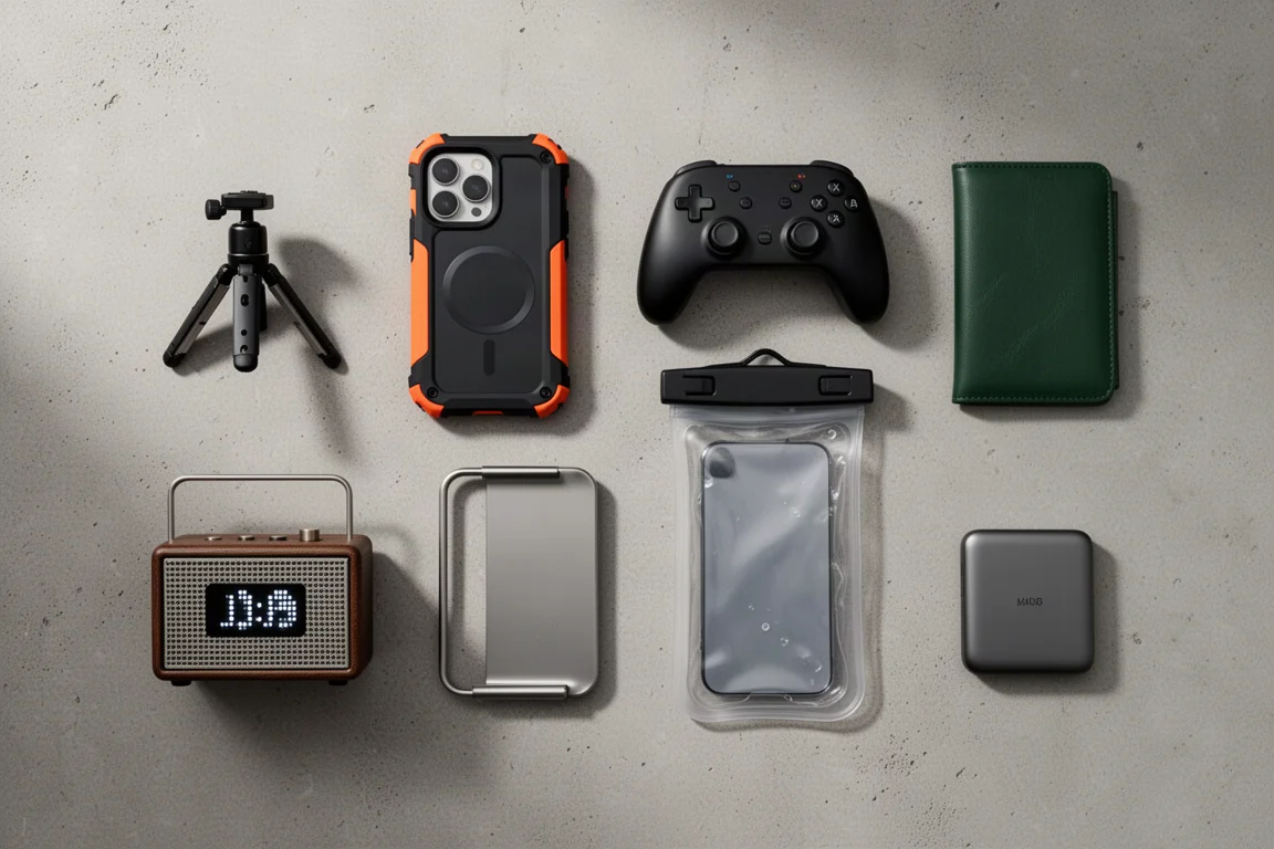 Dix accessoires iPhone disposés en grille sur une surface en béton