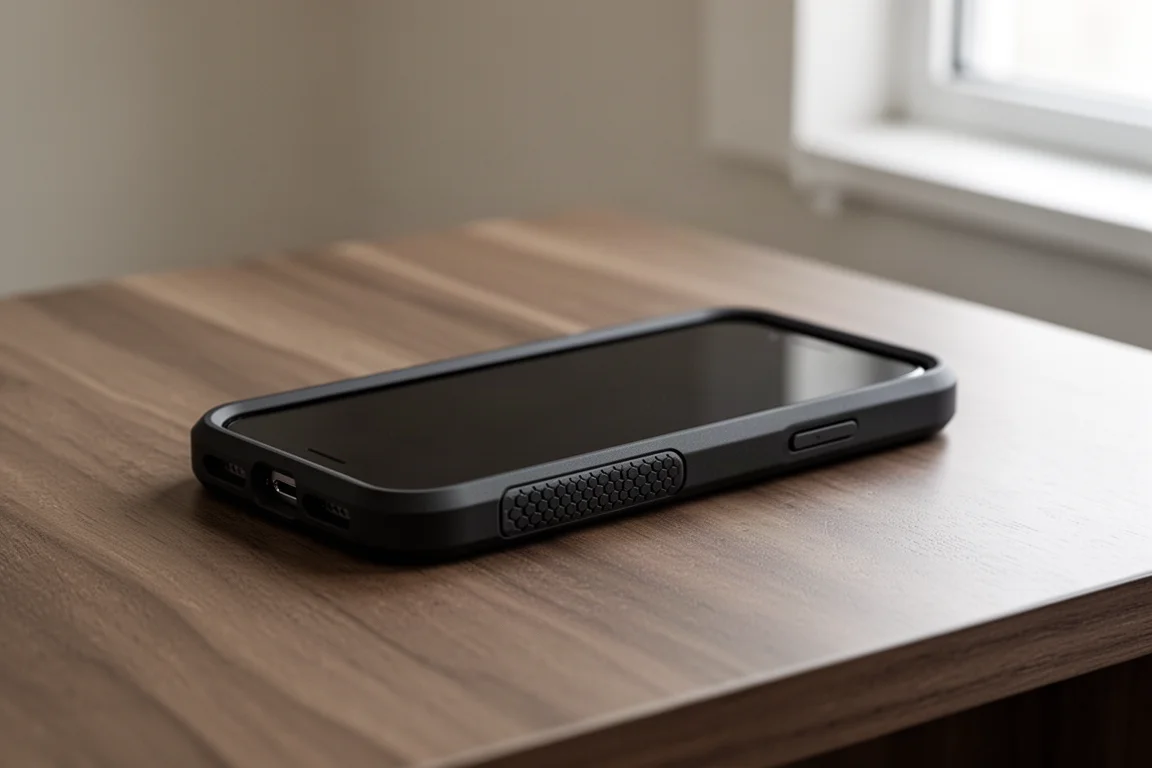 Smartphone in a rugged black case lying face down on a wooden desk