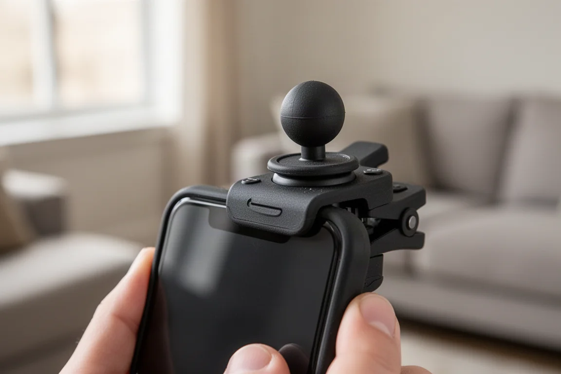 Smartphone with a small clamp-on joystick attached to the screen corner