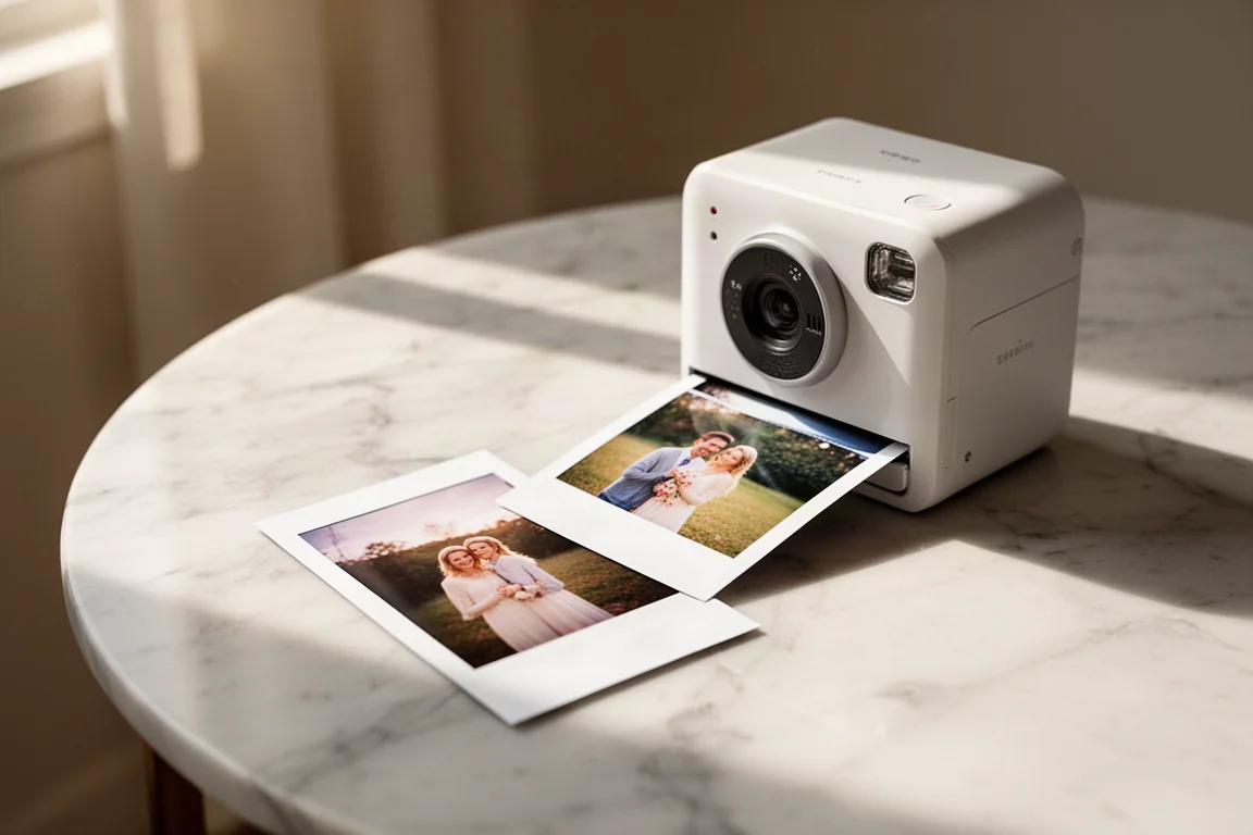Wide-format instant photo developing on a marble table beside a compact printer