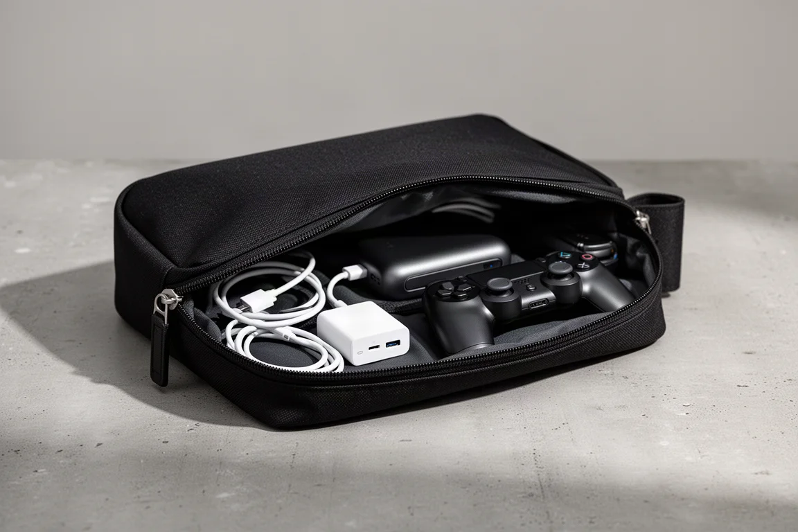Black cordura storage pouch unzipped on a concrete surface with cables inside