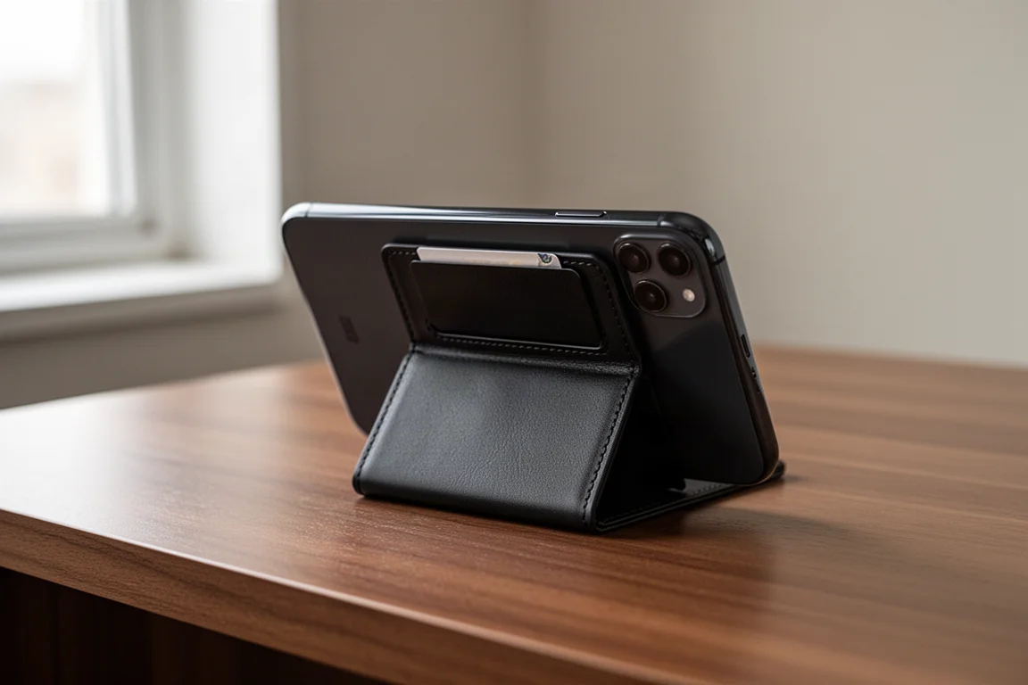 Portefeuille de cartes magnétique noir fixé à l'arrière d'un smartphone sur un bureau
