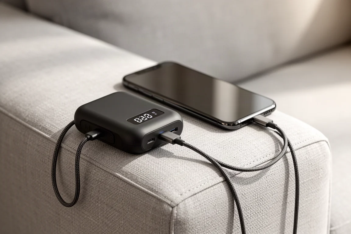 Batterie externe magnétique avec câble tressé fixée à un grand smartphone