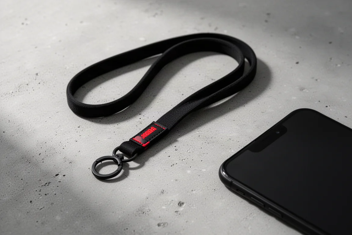 Cordon de cou noir mat avec mousqueton posé sur une surface en béton