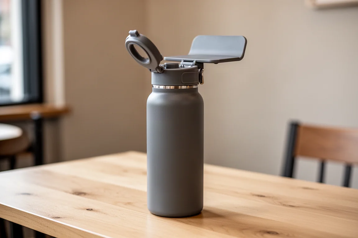 Gourde avec support de téléphone à charnière posée sur une table de café