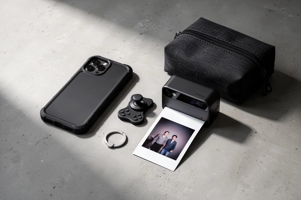 Flat-Lay mit iPhone-Zubehör: robustes Case, Controller, Drucker, Magnetring und Tasche auf Beton